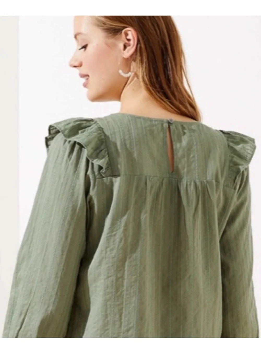 LOFT Ruffle Cropped Yoke Long-Sleeve Blouse in Sage Green SP
